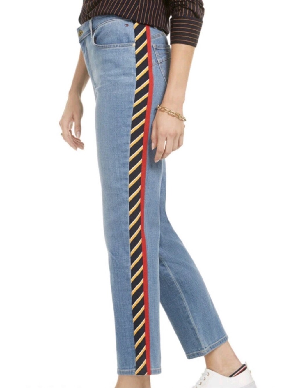 Tommy Hilfiger Boyfriend Jeans Sz 6 Red Blue Yellow Colorblock Side Stripe Denim